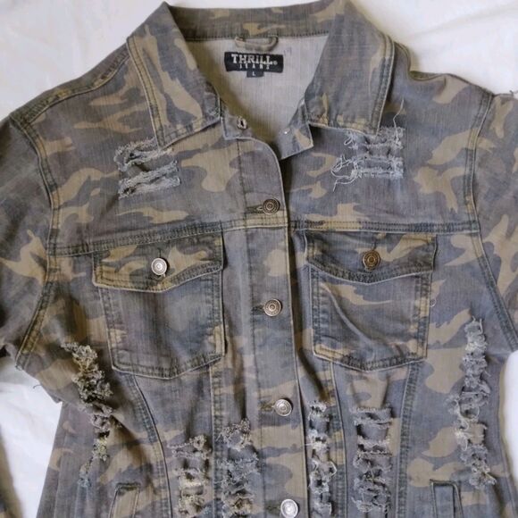 Thrill Jeans Denim Jacket Green Camo Distressed Frayed Grunge Womens Large - Picture 4 of 11